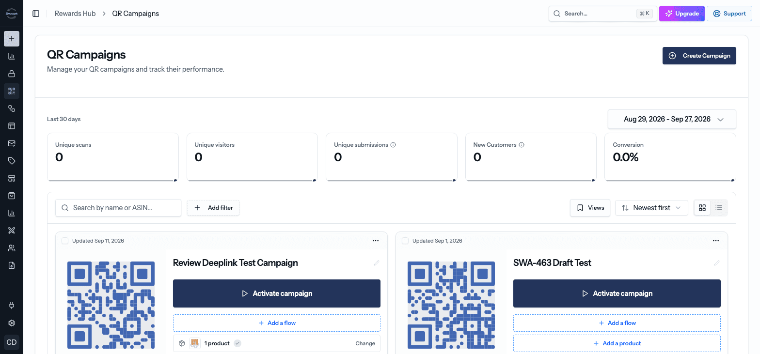The QR Campaigns page with performance stats and campaign cards