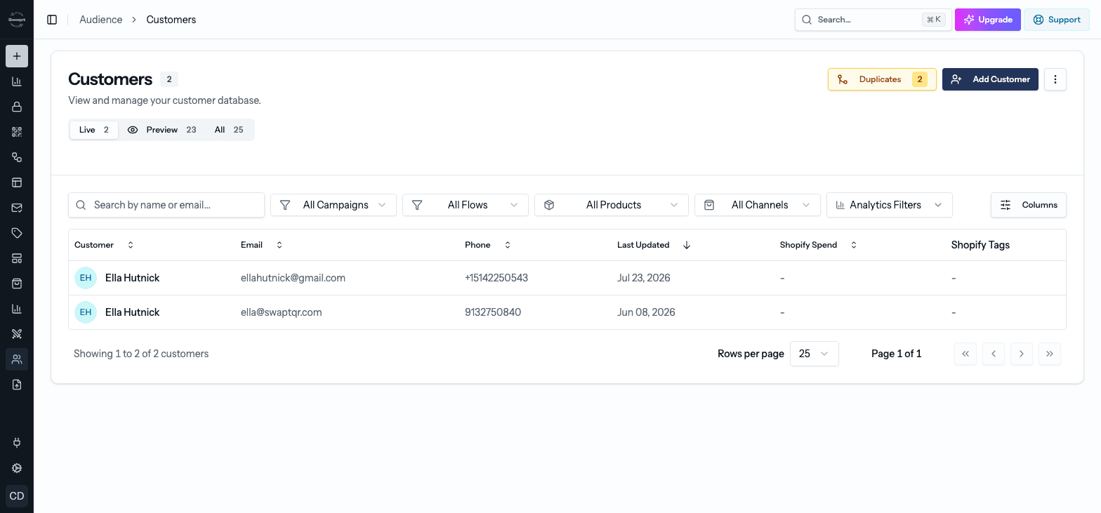 The Customers list with search, filters, and duplicate detection