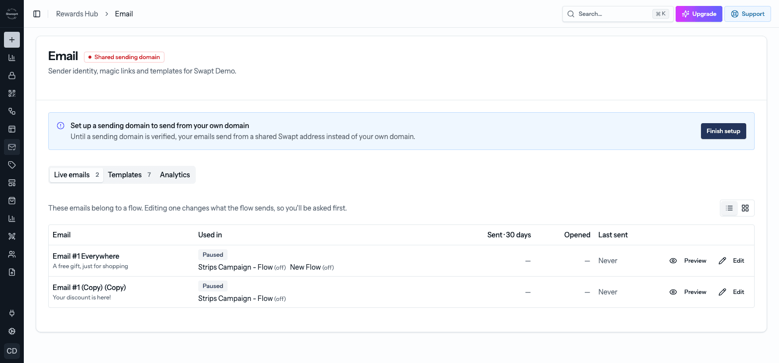 The Email page showing live emails and the flows that send them