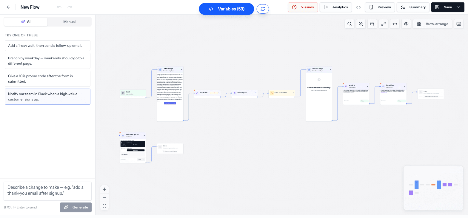 The Flow Builder canvas with the action list and connected nodes