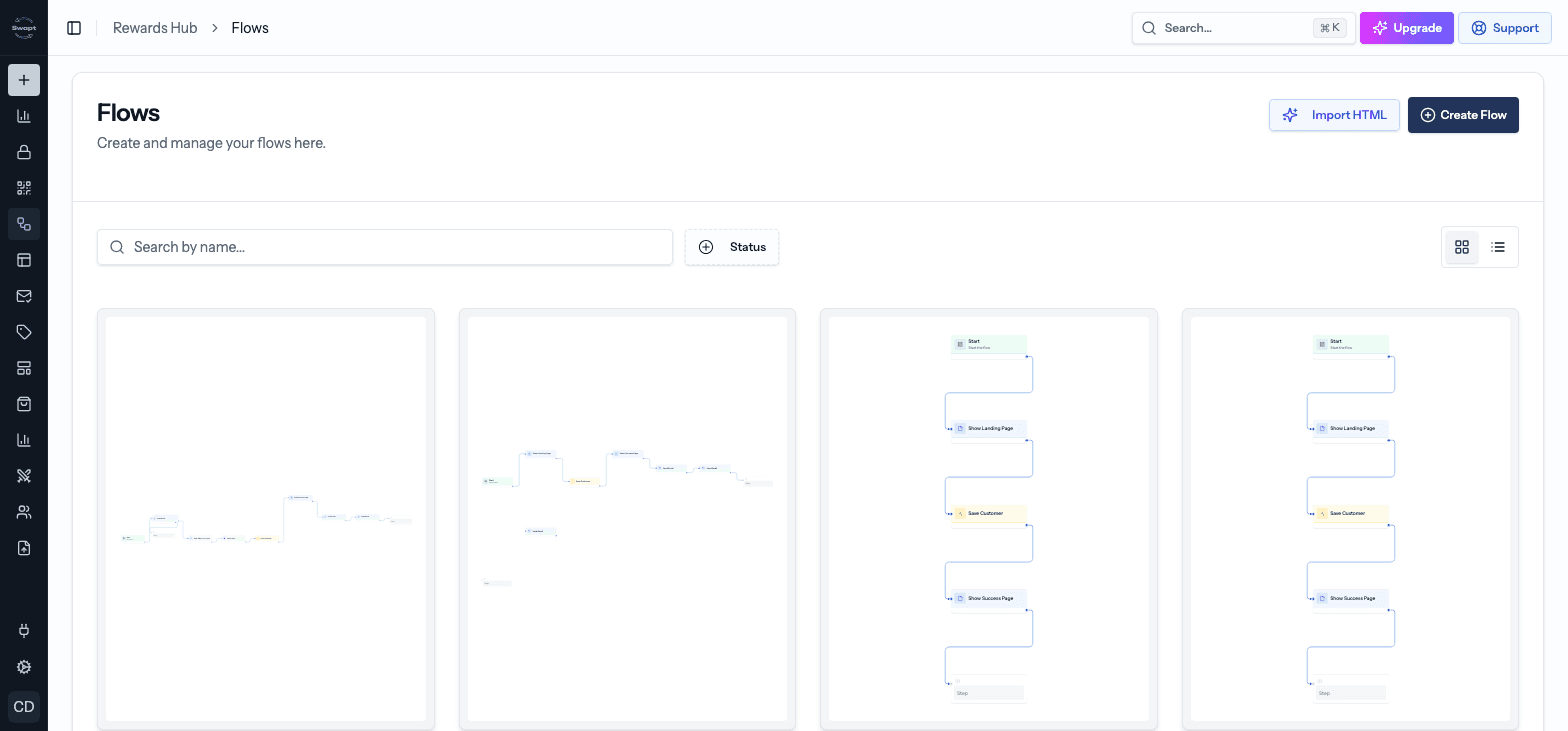 The Flows list with flow previews, status and issue badges