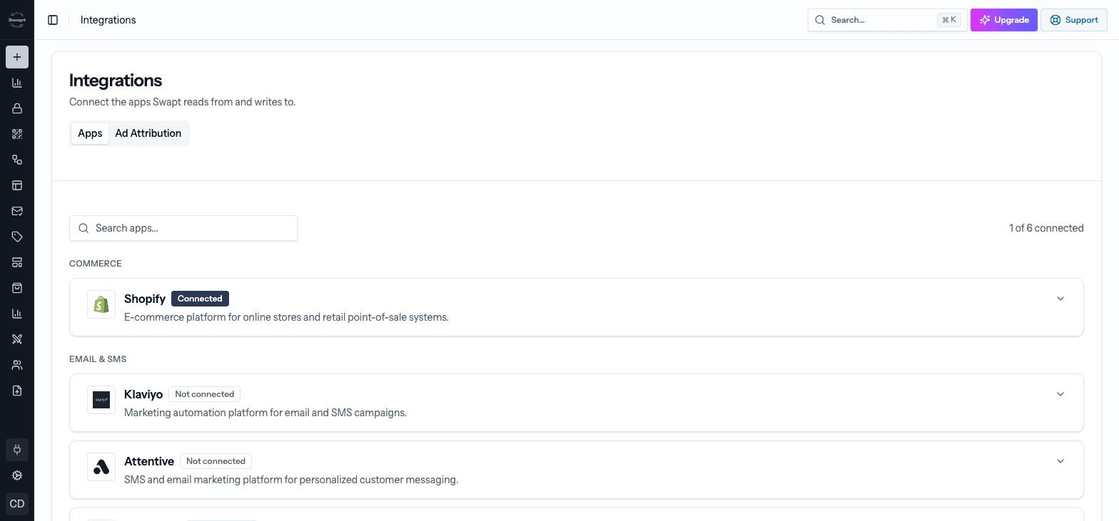The Integrations page listing available apps