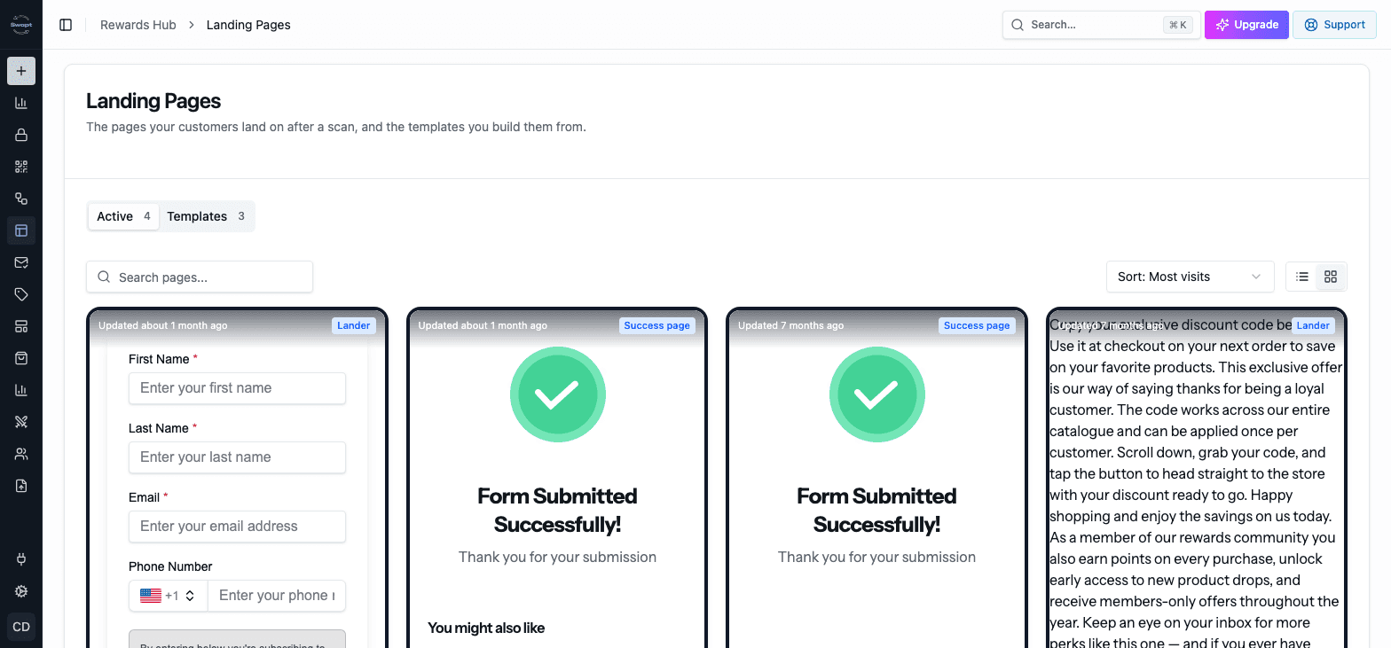 The Landing Pages page with the Active tab open