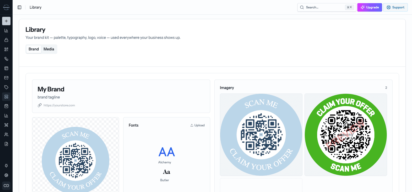 The Library's Brand tab with logo, fonts, and imagery