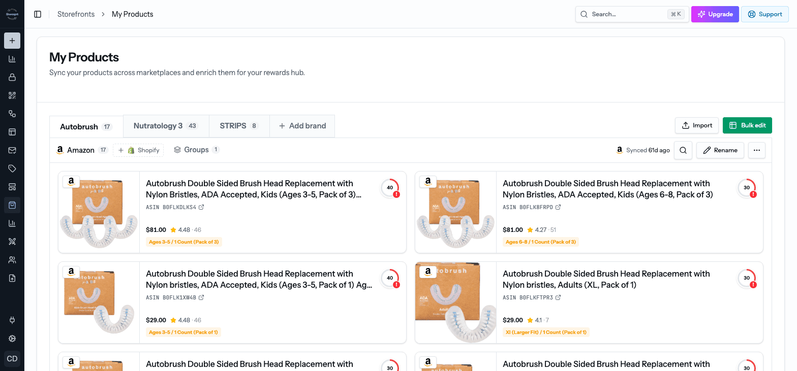 My Products showing a brand's Amazon catalog